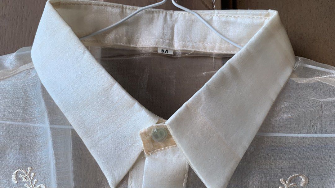 sheer embroidered barong | medium (Category: Coats, Jackets and Outerwear) located in General Trias. Submitted by buttercup.ad (Listing ID 1470364579, Image 3). Description: nakatago lang sa bahay for quite some time, so need muna labhan and plantsahin before gamitin 🫶🏻 size: m 📍gentri, cavite delivery via lalamove or j&t.