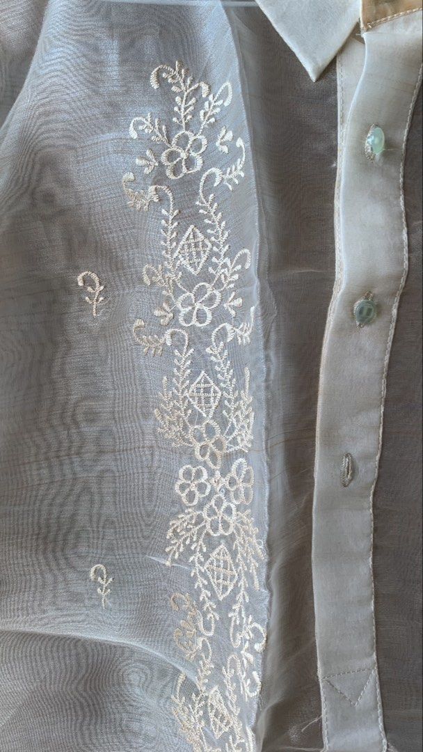 sheer embroidered barong | medium (Category: Coats, Jackets and Outerwear) located in General Trias. Submitted by buttercup.ad (Listing ID 1470364579, Image 2). Description: nakatago lang sa bahay for quite some time, so need muna labhan and plantsahin before gamitin 🫶🏻 size: m 📍gentri, cavite delivery via lalamove or j&t.