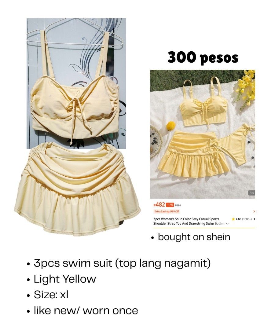 Shein 3pcs Light Yellow Swimsuit Size XL (Category: Bikinis & Swimsuits) located in Manila. Submitted by etan.04 (Listing ID 1470397497, Image 1). Description: - Brand: Shein - Size: XL - Color: Soft pastel light yellow - Set includes: Top, skirt, and bottom (3-piece) - Condition: Top used once, skirt and bottom are completely brand new and unused - Features: Adjustable drawstring details on the top and skirt - Great deal for a full, matching set