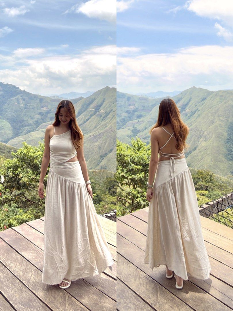 SHEIN Cream Backless Maxi Dress (Category: Dresses) located in Marikina City. Submitted by prelovedbypau_ (Listing ID 1470384603, Image 1). Description: - used once - size small - for reference: my height is 5'2, waistline is 28.