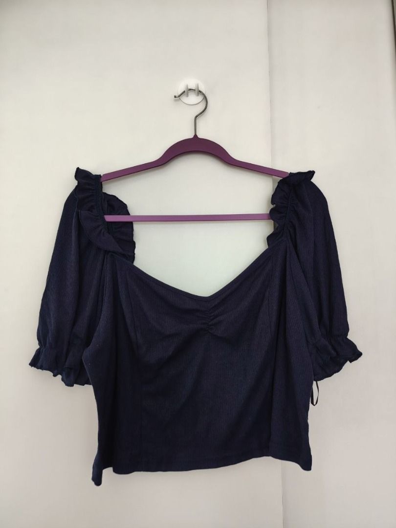 SHEIN Curve Navy Blue cropped blouse (Category: Sets or Coordinates) located in Manila. Submitted by babeboxtheory (Listing ID 1470521438, Image 2). Description: - Navy blue top with short ruffled puff sleeves and gathered bust - Black corduroy skort with a trendy front slit design - Matching two-piece outfit - Comfortable fit for all-day wear - Ideal for casual days out and weekend dates.