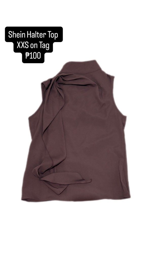 Shein Halter Top Brown XXS (Category: Sleeveless) located in Manila. Submitted by areiei (Listing ID 1470350611, Image 1). Description: - Brand: Shein - Color: Purplish Brown - Size: XXS - Style: Halter top with mock neck and draped side tie detail - Sleeveless and lightweight fabric - Perfect for casual outings, layering, or pairing with high-waisted bottoms SF Shouldered by Buyer.