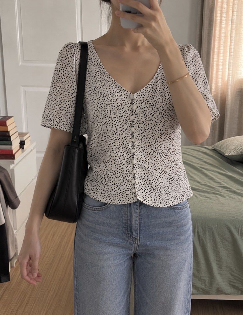 SHEIN White & Black Polka Dot Button-Down Blouse (Category: Others Tops) located in Muntinlupa City. Submitted by alexisofia (Listing ID 1470495507, Image 1). Description: like new, worn a few times only / excellent condition Size: M (EU 38 / US 6) Brand: SHEIN.