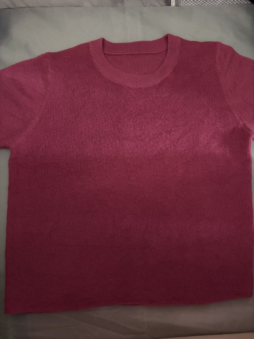 Short Sleeve Knit Top Crew Neck (Category: Blouses) located in Taguig. Submitted by cftbncs (Listing ID 1470418162, Image 1). Description: - Color: Rich maroon - Style: Short sleeve knit top with round crew neckline - Material: Soft, textured knit - Fit: Classic straight hem with clean finish at sleeves and collar - Versatility: Perfect basic piece for layering or standalone wear.