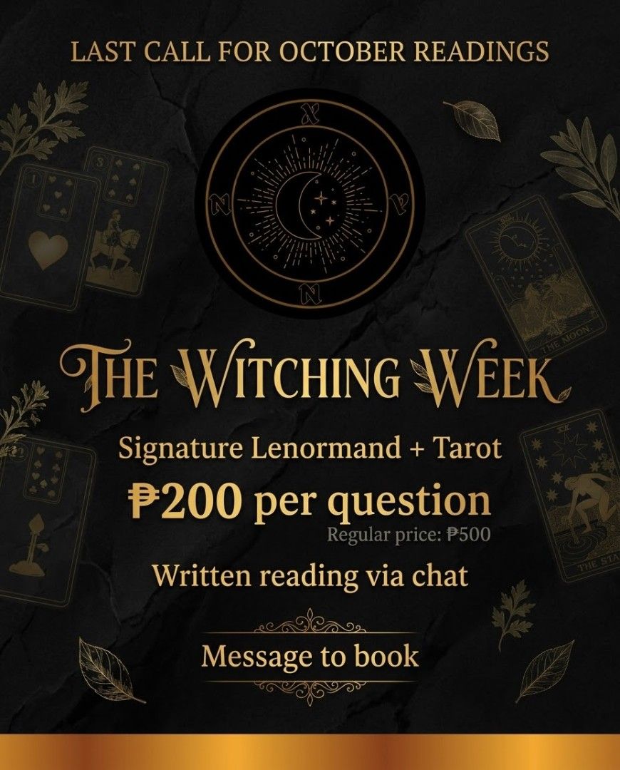 Signature Lenormand + Tarot Reading | October Special (Category: Storybooks) located in Lucena. Submitted by xavlaur (Listing ID 1470515875, Image 1). Description: ✦ THE WITCHING WEEK Last Call for October Readings A signature Lenormand + Tarot reading combining two systems of divination to explore patterns, connections, and deeper themes surrounding your question. ✧ Love & relationships ✧ Career & opportunities ✧ Choices & crossroads ✧ Personal 