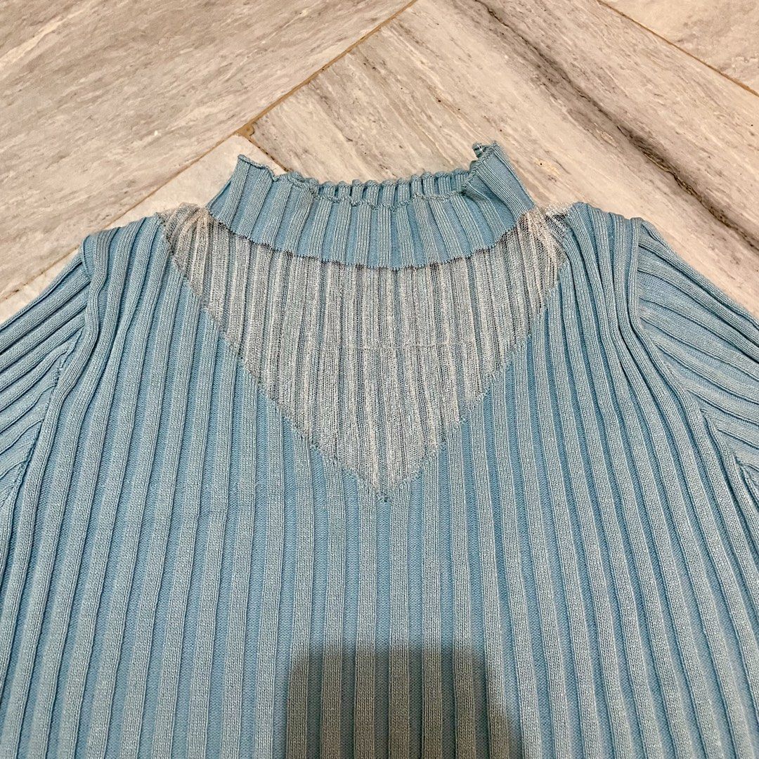 Sky Blue Ribbed Blouse Top (Category: Blouses) located in Bacoor. Submitted by s4dee (Listing ID 1470530684, Image 2). Description: size: small - medium - turtleneck - see through detail - washable stains.