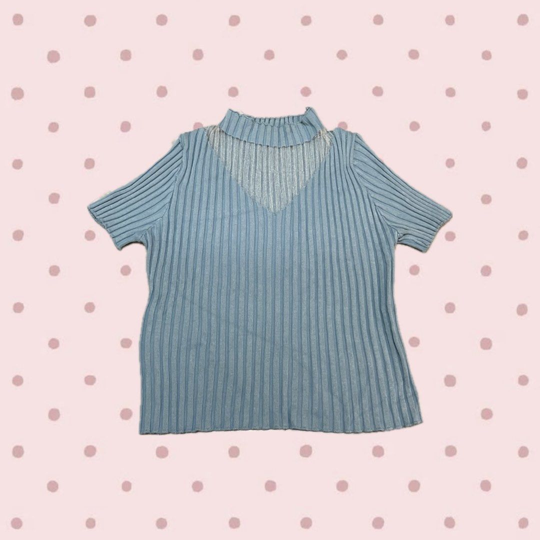 Sky Blue Ribbed Blouse Top (Category: Blouses) located in Bacoor. Submitted by s4dee (Listing ID 1470530684, Image 1). Description: size: small - medium - turtleneck - see through detail - washable stains.