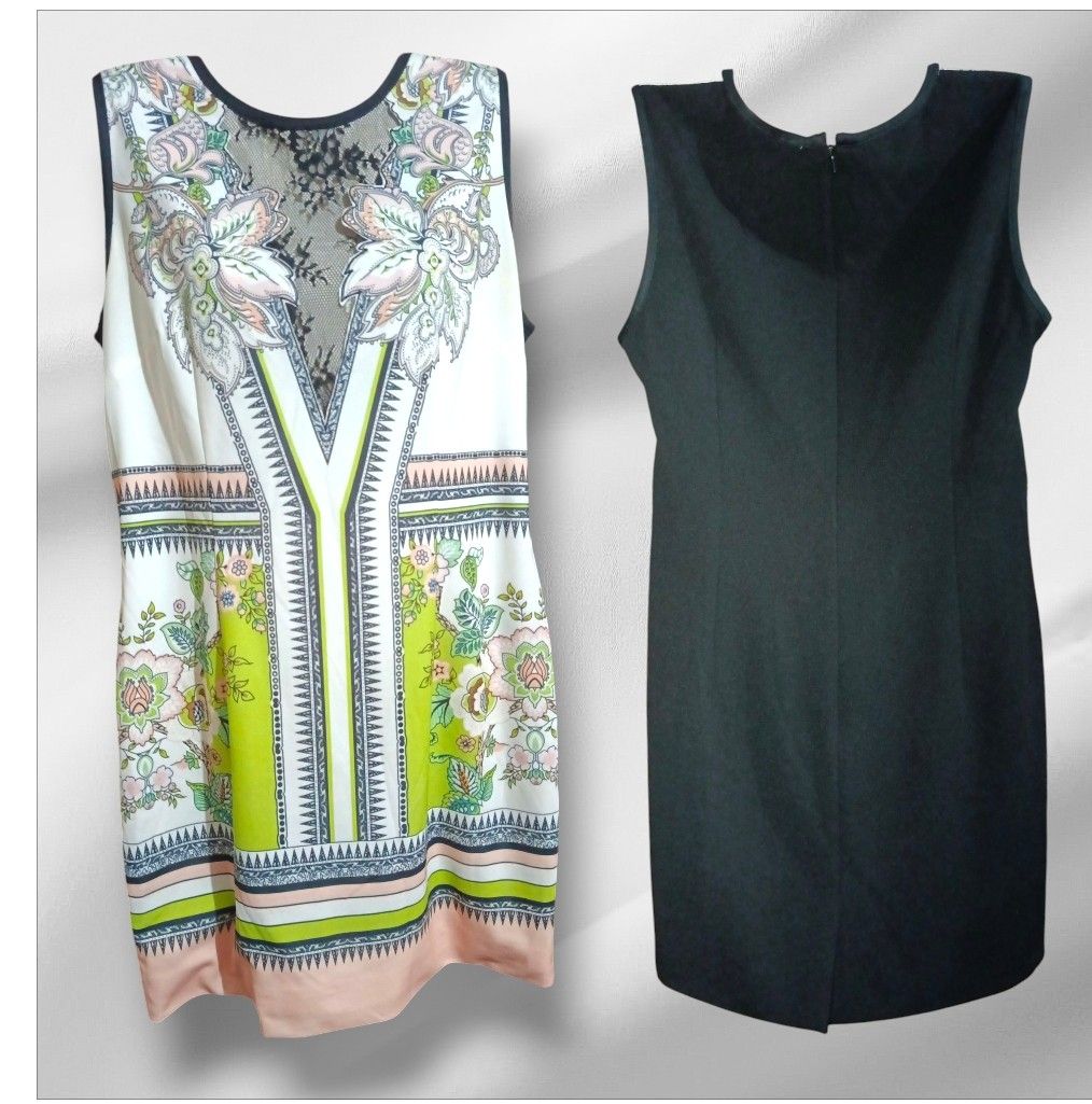 Roberto Cavalli Sleeveless Printed Pattern Dress with Black Back Panel (Category: Dresses) located in Paranaque City. Submitted by calm_youngstore7 (Listing ID 1470444042, Image 3). Description: - Style: Sleeveless dress with a vibrant multi-color floral and geometric front print - Details: Elegant sheer black lace panel at the upper chest - Back: Solid black fabric with a secure back zipper closure - Measurements: 18 inches across the chest, 32 