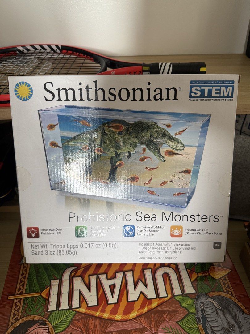 Smithsonian Prehistoric Sea Monsters STEM Science Kit (Category: Educational & Learning Toys) located in Paranaque City. Submitted by jojoycey (Listing ID 1470481685, Image 1). Description: - Smithsonian STEM environmental science kit - Hatch prehistoric Triops pets (a 220-million-year-old species) - Includes aquarium, background, triops eggs (0.017 oz), sand (3 oz), and color poster with instructions - Recommended for ages 7 and up (adult superv