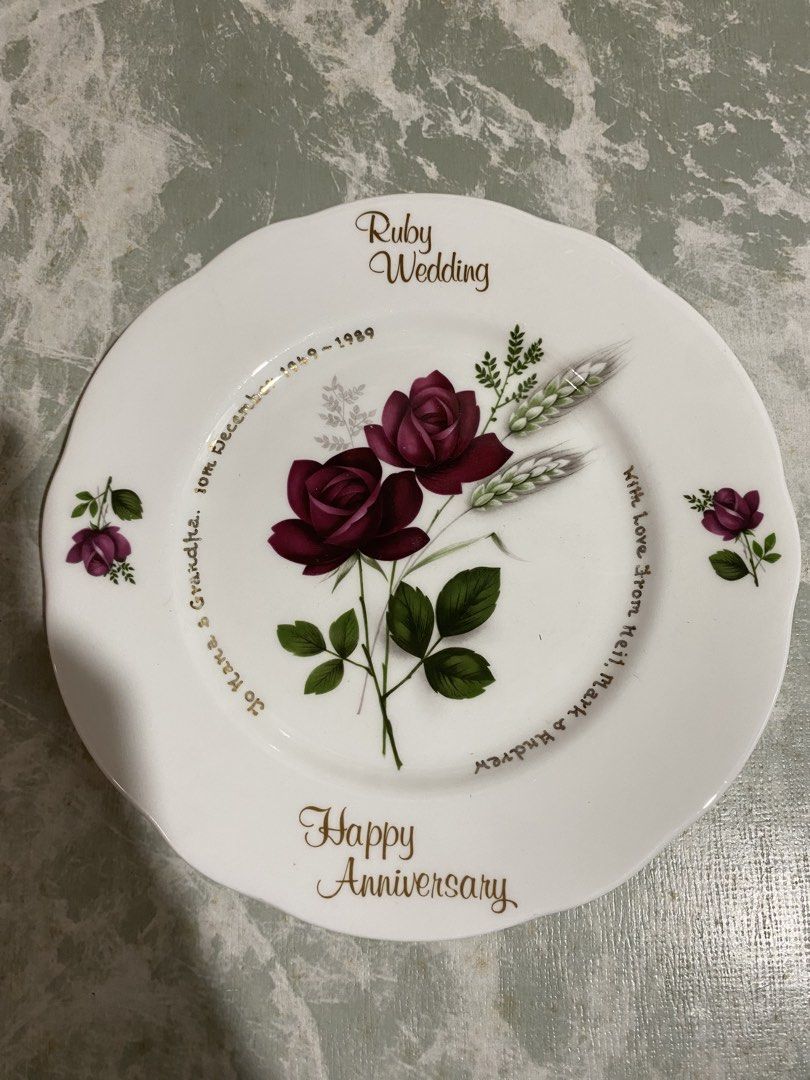 (SOLD PER PIECE) Vintage commemorative ruby wedding anniversary decorative plate set (Category: Dinnerware & Cutlery) located in Calamba. Submitted by chebvintagedepot (Listing ID 1470454483, Image 3). Description: B22-(1-3) Vintage commemorative collector plate by Fenton China, Staffordshire, England, made to celebrate a 40th wedding anniversary, traditionally known as the Ruby Wedding Anniversary. A lovely piece for collectors of vintage Englis