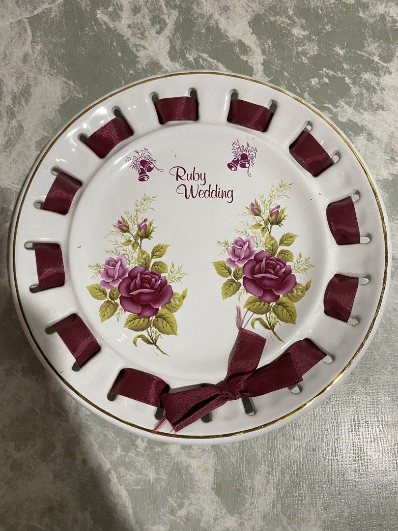 (SOLD PER PIECE) Vintage commemorative ruby wedding anniversary decorative plate set (Category: Dinnerware & Cutlery) located in Calamba. Submitted by chebvintagedepot (Listing ID 1470454483, Image 2). Description: B22-(1-3) Vintage commemorative collector plate by Fenton China, Staffordshire, England, made to celebrate a 40th wedding anniversary, traditionally known as the Ruby Wedding Anniversary. A lovely piece for collectors of vintage Englis