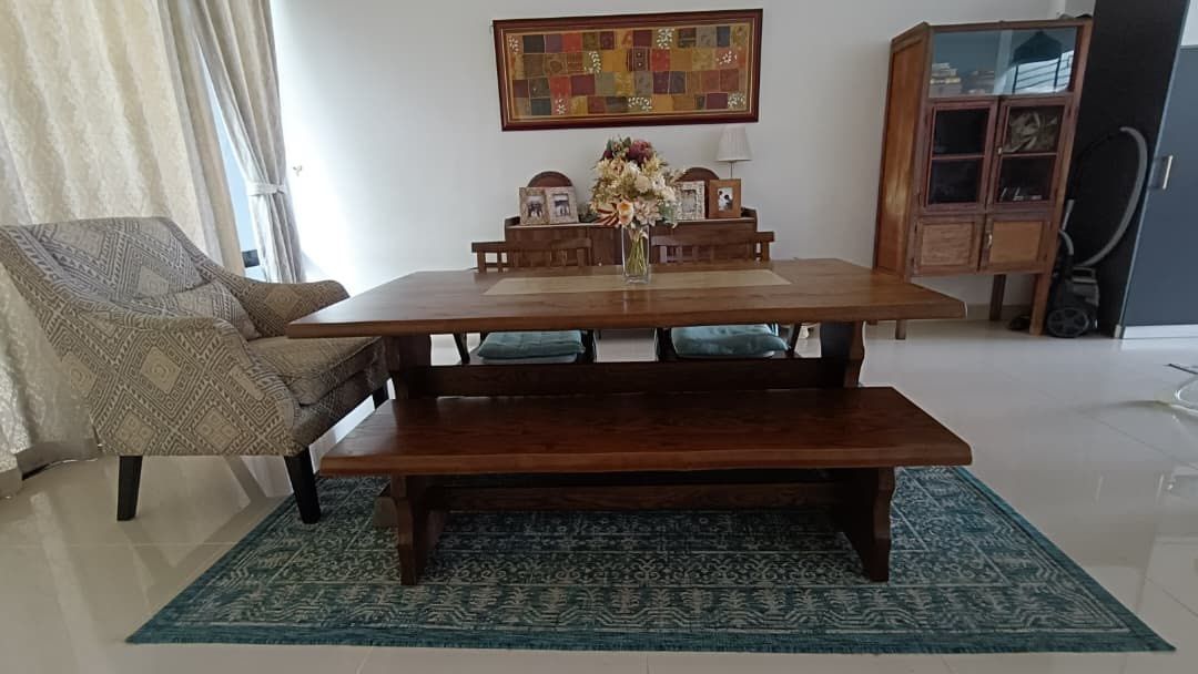Solid Wood Dining Table Set (Category: Tables & Sets) located in Petaling Jaya. Submitted by therottenpicker (Listing ID 1470401024, Image 2). Description: 4-piece Japanese style trestle dining set RM900 (nego) - solid wood/oak material - 2x swivel armchairs - 1x bench - 1x 165 cm dining table - overall good condition - 1 minor dent on one of the Swivel Chair - since est 2011 - Condition: Heavy-duty and very sturdy construction - Ideal for: Famil