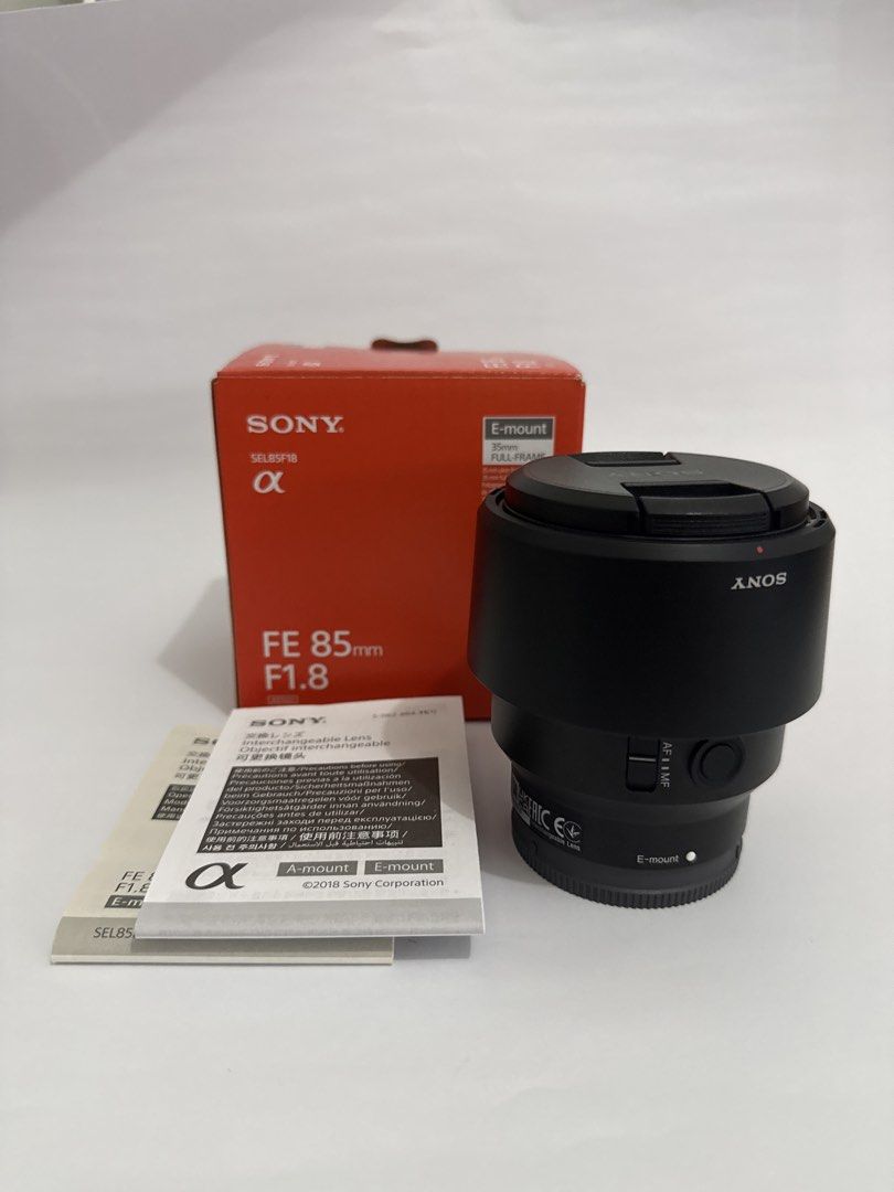 Sony FE 85mm F1.8 E-mount Lens (Category: Lens & Kits) located in Manila. Submitted by petey._ (Listing ID 1470498304, Image 1). Description: - Sony FE 85mm f/1.8 prime lens (Full-frame E-mount) - Pristine glass with zero marks on the body - Features built-in focus hold button and AF/MF switch - Includes original box, front and rear caps, lens hood, and manuals - Matching serials/model number (SEL85F18) -Pristine condition - with receipt - no scr