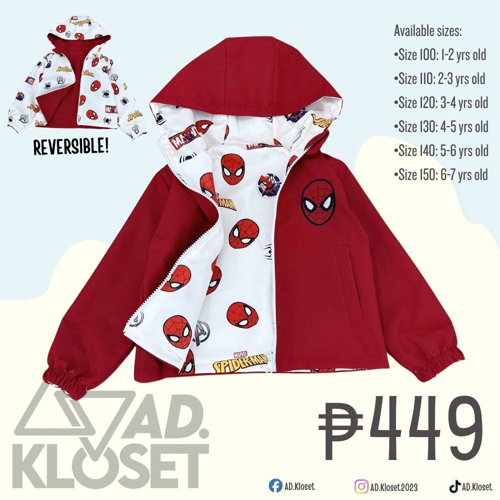 Spiderman Reversible Windbreaker Jacket (Category: Babies & Kids Fashion) located in Quezon City. Submitted by ad.kloset (Listing ID 1470511287, Image 1). Description: .