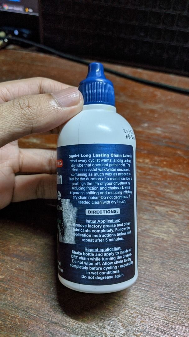 Squirt Long Lasting Chain Dry Lube (Wax Based) (Category: Bicycles) located in Manila. Submitted by rvnebon_ (Listing ID 1470523922, Image 2). Description: 📍 Limay, Bataan • Product: Squirt Long-Lasting Chain Lube • Size: 120ml bottle • Formula: Wax and water emulsion that repels dirt and keeps chains clean • Compatibility: Great for all bikes and all weather conditions • 98% full. Used 3x only • RFS: Switched to Hot Wax for my chain.