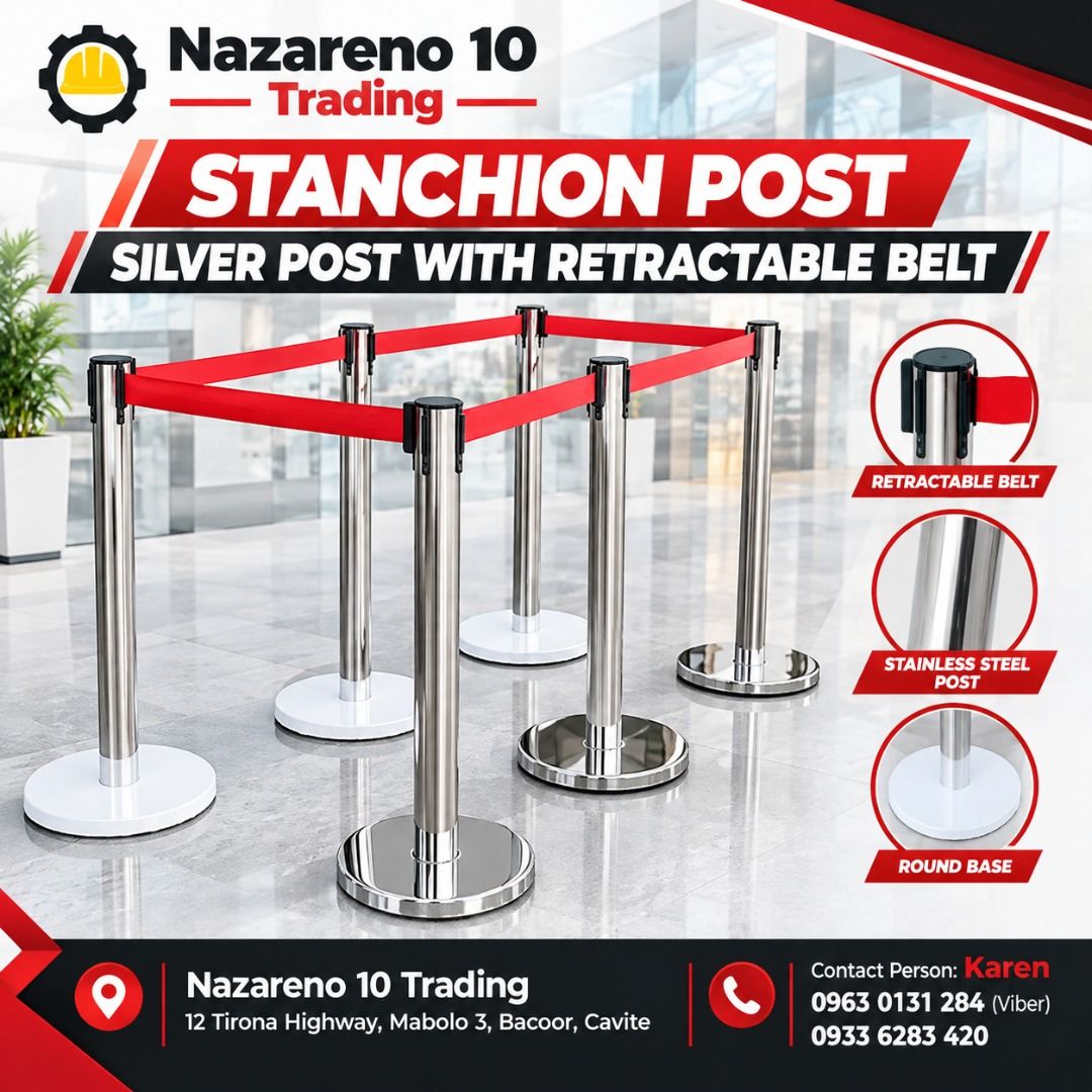 Stanchion Post with Retractable belt (Category: Looking For) located in Bacoor. Submitted by kajezame.2021 (Listing ID 1470359507, Image 1). Description: Stanchion Post with Retractable belt For More Details and Discount Contact Ms. Karen NAZARENO 10 TRADING 0963 0131 284 0933 6283 420 0956 7028 557 0933 8559 510 Landline: Look for Ms. Karen (046 ) 416 3920 Also available: • Traffic cone • Parking Block stopper • Hooded trash bin • Road Plastic B