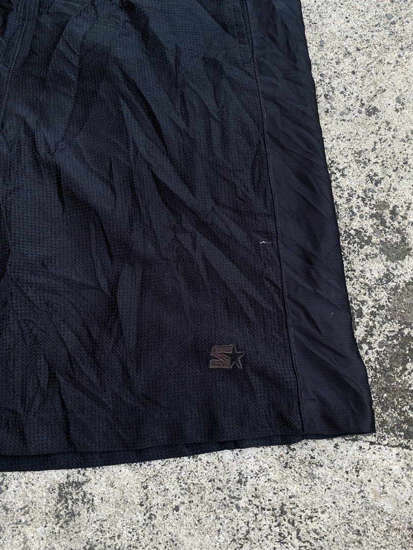 Starter Black Athletic Basketball Shorts (Category: Shorts) located in Alcala. Submitted by georgetorr31608 (Listing ID 1470510065, Image 3). Description: Starter black mesh athletic shorts with side panel details. Elastic waistband featuring a grey drawstring. Small Starter logo embroidered near the bottom left hem. Great breathable material for workouts or casual wear. Easy pull-on style..
