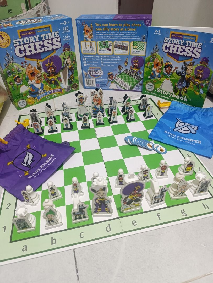 Story Time Chess Learn Chess Board Game (Category: Board Games & Puzzles) located in Cebu City. Submitted by kaiser.532 (Listing ID 1470450327, Image 2). Description: - Fun & Educational: Learn chess through engaging stories and mini-games, perfect for kids and families - Complete Set: Includes main game box, storybook, folding chessboard, unique character pieces, storage bags, and tokens - Ready to Play: Pieces are neatly laid out on the green a