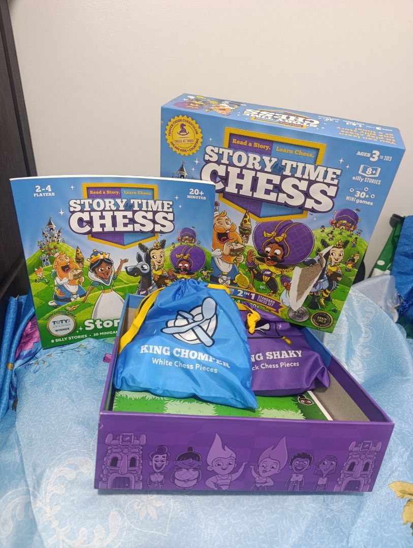 Story Time Chess Learn Chess Board Game (Category: Board Games & Puzzles) located in Cebu City. Submitted by kaiser.532 (Listing ID 1470450327, Image 1). Description: - Fun & Educational: Learn chess through engaging stories and mini-games, perfect for kids and families - Complete Set: Includes main game box, storybook, folding chessboard, unique character pieces, storage bags, and tokens - Ready to Play: Pieces are neatly laid out on the green a