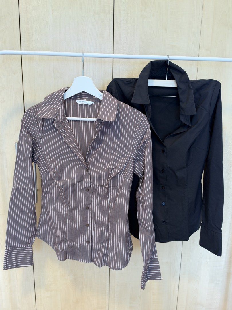 Stradivarius Brown Striped and Black Button-Up Shirts Size S (Category: Shirts) located in Makati City. Submitted by itsmeann09 (Listing ID 1470393049, Image 1). Description: sold by bundle of 2 - Brand: Stradivarius - Quantity: Set of 2 shirts - Size: S (EUR/USA/MEX sizing) - Colors/Patterns: Brown with white vertical stripes, and solid black - Design: Classic lapel collars and long sleeves - Style: Versatile for work or casual days.