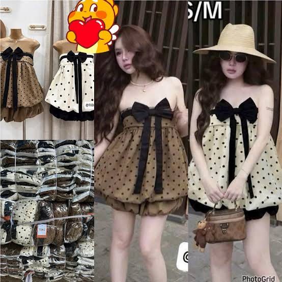 Strapless Polka Dot Bubble Dress with Bow (Category: Dresses) located in Cebu City. Submitted by joybero (Listing ID 1470554590, Image 2). Description: - Style: Strapless coordinate with a puffy bubble hem and layered contrast trim - Design: All-over polka dot print featuring a large chest bow with long hanging ties - Colors Available: Brown with white dots. -Best Fit: Small-Semi med - Condition: Brand new, never worn - Perfect for: Parties, date