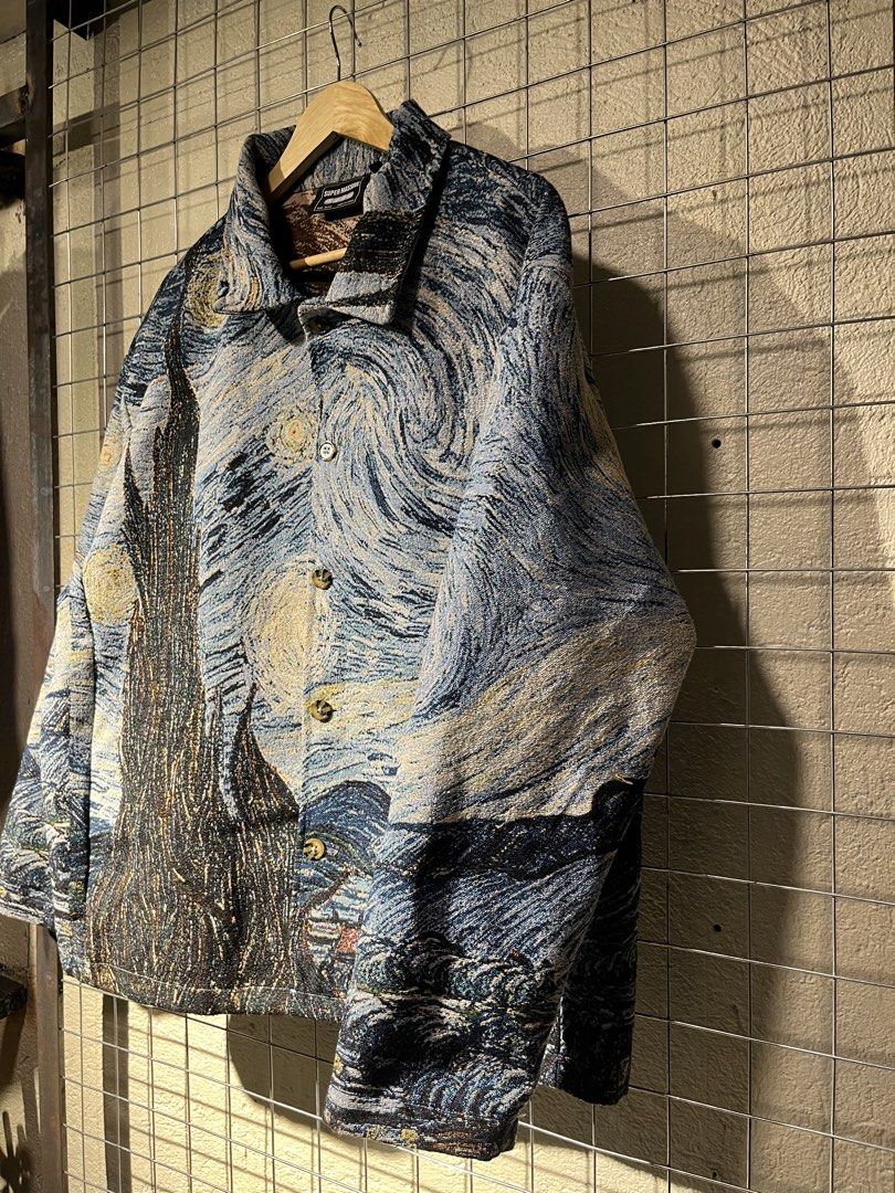 SUPER MASSIVE The Starry Night Tapestry Jacket (Category: Coats, Jackets and Outerwear) located in Manila. Submitted by roballenad66487 (Listing ID 1470386627, Image 3). Description: Super Massive button-down jacket, Vincent van Gogh The Starry Night tapestry fabric all over. Textured woven material, heavy feel, collar neck. Front button closure with brown buttons. Super unique art piece..