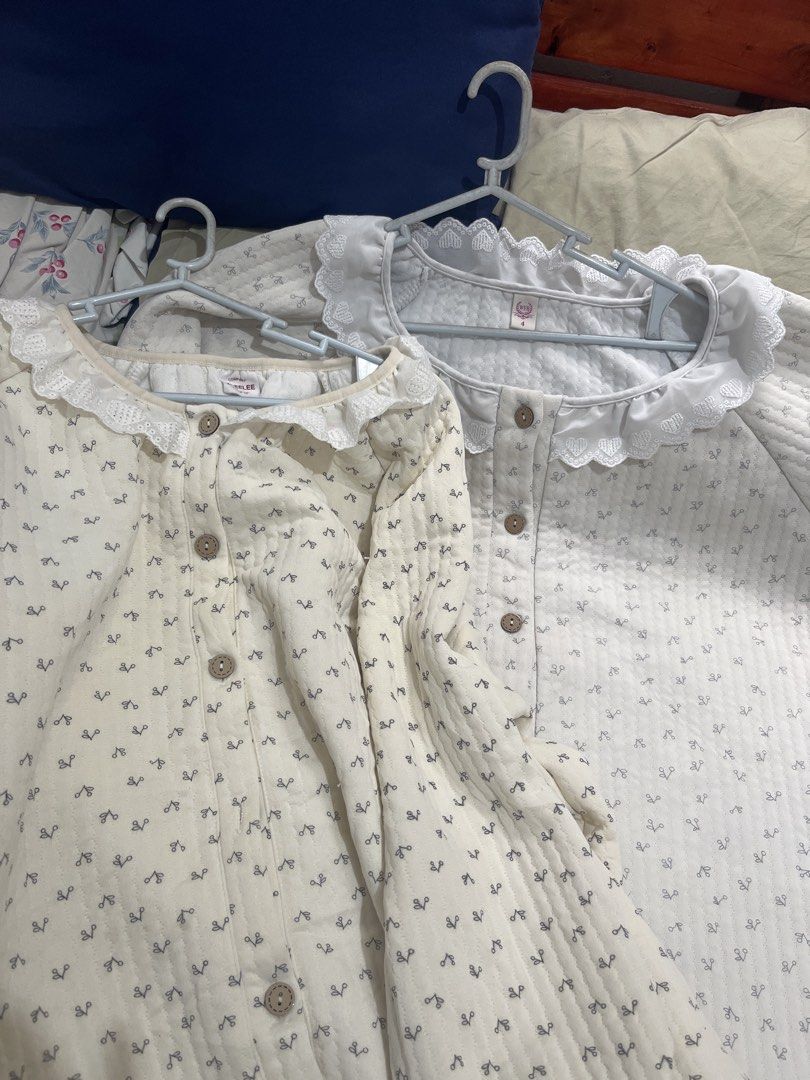 Take 2 for only 250 (Category: Coats, Jackets and Outerwear) located in Manila. Submitted by brightwind_62659f (Listing ID 1470394808, Image 1). Description: - Matching long-sleeve pyjama set (top and bottom sold together) - Cream fabric with a delicate tiny blue floral pattern - Warm and cozy quilted cotton material - Charming lace collar detail along the neckline - Classic button-down front with brown buttons - Super soft, perfect for sleepwear