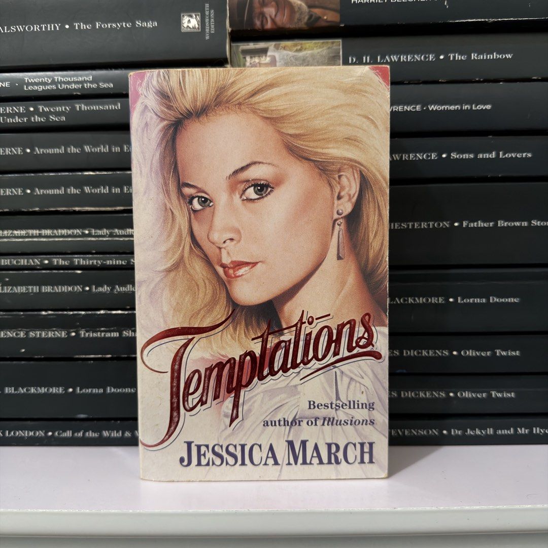 Temptations Novel by Jessica March Paperback Book (Category: Storybooks) located in Lingayen. Submitted by readwjane (Listing ID 1470480010, Image 1). Description: - Title: Temptations - Author: Jessica March (bestselling author of Illusions) - Format: Paperback - Genre: Romance and drama fiction - Condition: Good, with minor shelf wear at the top spine corner - Cover: Features a blonde woman with clean white title text and red script font - Stat
