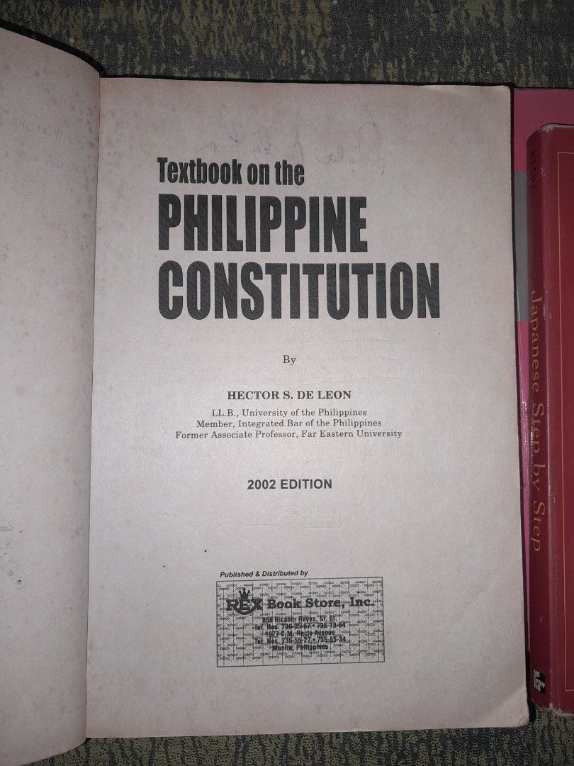 Textbook on the Philippine Constitution Hector S. De Leon (Category: Textbooks) located in Manila. Submitted by booksljjw (Listing ID 1470510680, Image 2). Description: - Title: Textbook on the Philippine Constitution - Author: Hector S. De Leon - Publisher: Rex Book Store - Edition: 2002 - Topics Covered: Fundamental principles, the 1935 constitution, transitory provisions, and more - Format: Softcover - Condition: Visible wear on cover and page