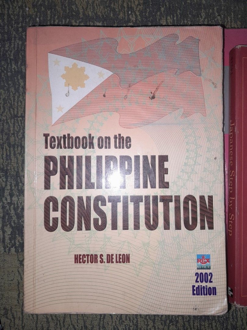 Textbook on the Philippine Constitution Hector S. De Leon (Category: Textbooks) located in Manila. Submitted by booksljjw (Listing ID 1470510680, Image 1). Description: - Title: Textbook on the Philippine Constitution - Author: Hector S. De Leon - Publisher: Rex Book Store - Edition: 2002 - Topics Covered: Fundamental principles, the 1935 constitution, transitory provisions, and more - Format: Softcover - Condition: Visible wear on cover and page