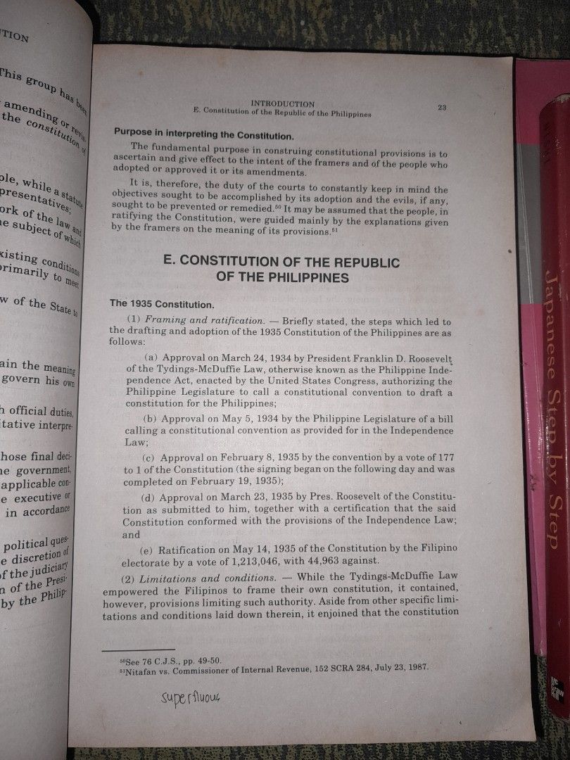 Textbook on the Philippine Constitution Hector S. De Leon (Category: Textbooks) located in Manila. Submitted by booksljjw (Listing ID 1470510680, Image 3). Description: - Title: Textbook on the Philippine Constitution - Author: Hector S. De Leon - Publisher: Rex Book Store - Edition: 2002 - Topics Covered: Fundamental principles, the 1935 constitution, transitory provisions, and more - Format: Softcover - Condition: Visible wear on cover and page
