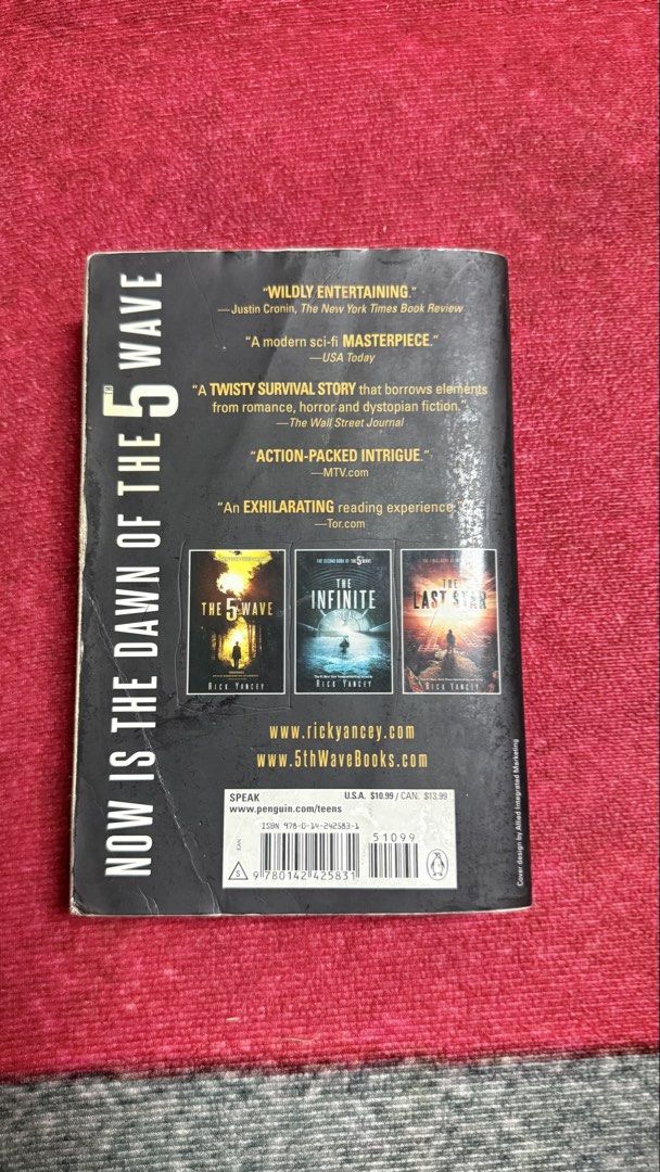 The 5th Wave Book 1 by Rick Yancey (Category: Storybooks) located in Davao. Submitted by strawbae.moon (Listing ID 1470435538, Image 2). Description: - With signs of usage - No pen marks or highlights - No plastic cover - With discount if bought with The Last Star (Hardbound).