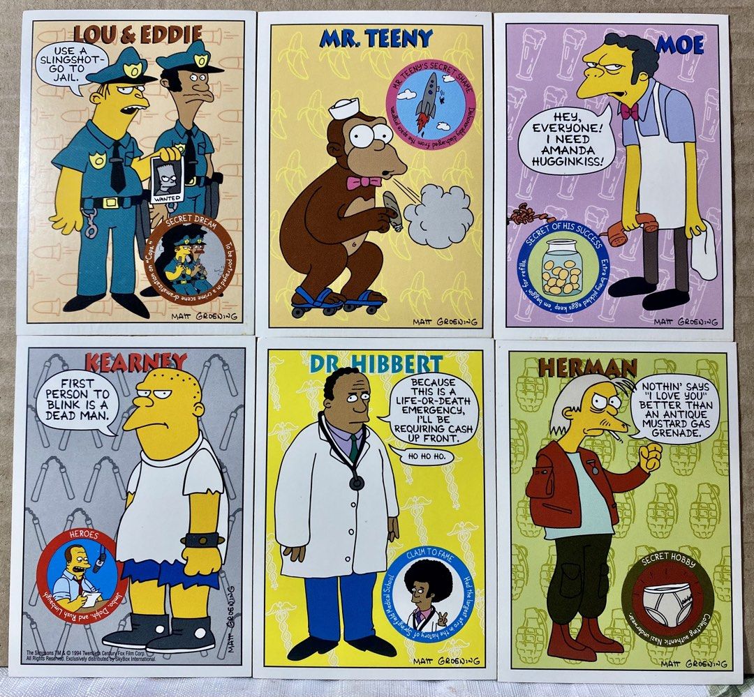 The Simpsons (Category: Raw Singles) located in Angeles City. Submitted by lensongsong (Listing ID 1470358898, Image 2). Description: 1994 Skybox THE SIMPSONS Character Cards Sale! 1.Mayor Quimby S25 - P1150.00 2.Lunchlady Doris S35 - P1500.00 3.Herb Powell S29 - P1400.00 4.Leon Kompowski S26 - P1100.00 5.Mrs. Bouvier S28 - P1100.00 6.Llewellyn Sinclair S37 - P1150.00 7.Mindy Simmons S33 - P1500.00 8.Tattoo Guy S14 - P1200.00 1.Lou & Eddie S3 - P