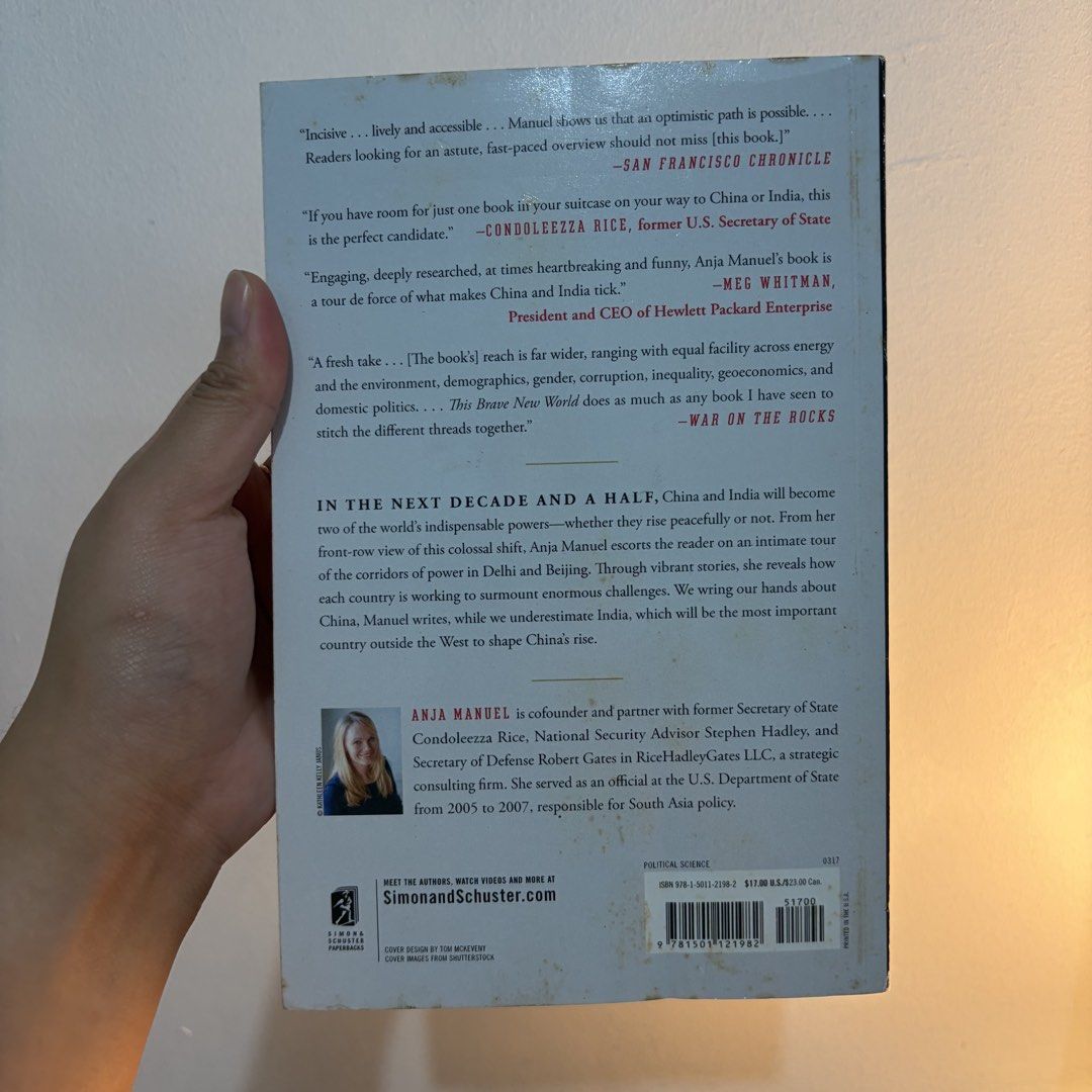 This Brave New World by Anja Manuel (Category: Storybooks) located in Manila. Submitted by ajdeclutter (Listing ID 1470451448, Image 3). Description: Paperback copy of This Brave New World by Anja Manuel, focusing on India, China, and the United States. Published by Simon & Schuster Paperbacks. Some foxing spots on the page edges and back cover. Interior pages clean and readable..