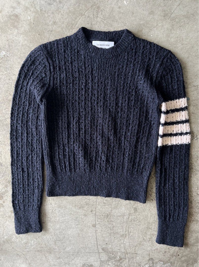 THOM BROWNE - 4 BAR CABLE CREWNECK KNITTED JUMPER (Category: Coats, Jackets and Outerwear) located in Cavite. Submitted by _Gizmo (Listing ID 1470445753, Image 1). Description: Thom Browne - 4 Bar Cable Crewneck Knitted Jumper Sweater Size tagged: 38 Measurement Width: 16’ Inch Length: 19’ Inch Sleeve: 23’ Inch Excellent condition | Like New No major flaws Made In Italy.