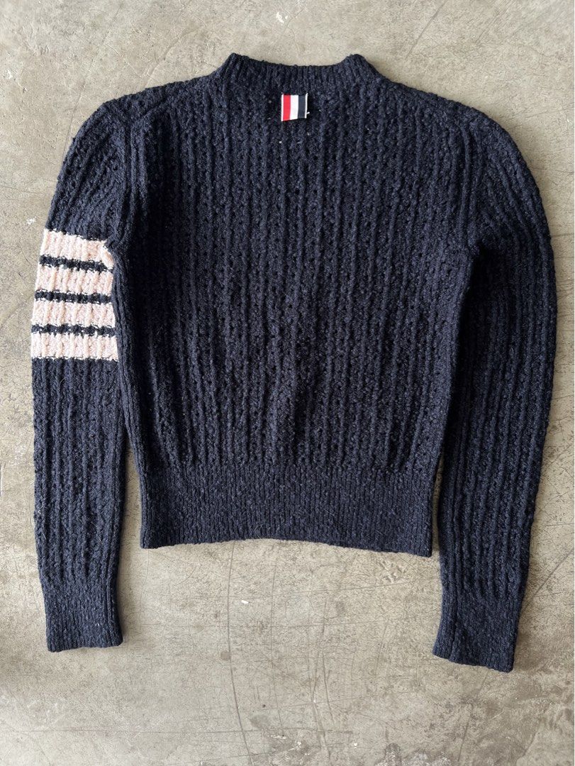 THOM BROWNE - 4 BAR CABLE CREWNECK KNITTED JUMPER (Category: Coats, Jackets and Outerwear) located in Cavite. Submitted by _Gizmo (Listing ID 1470445753, Image 2). Description: Thom Browne - 4 Bar Cable Crewneck Knitted Jumper Sweater Size tagged: 38 Measurement Width: 16’ Inch Length: 19’ Inch Sleeve: 23’ Inch Excellent condition | Like New No major flaws Made In Italy.