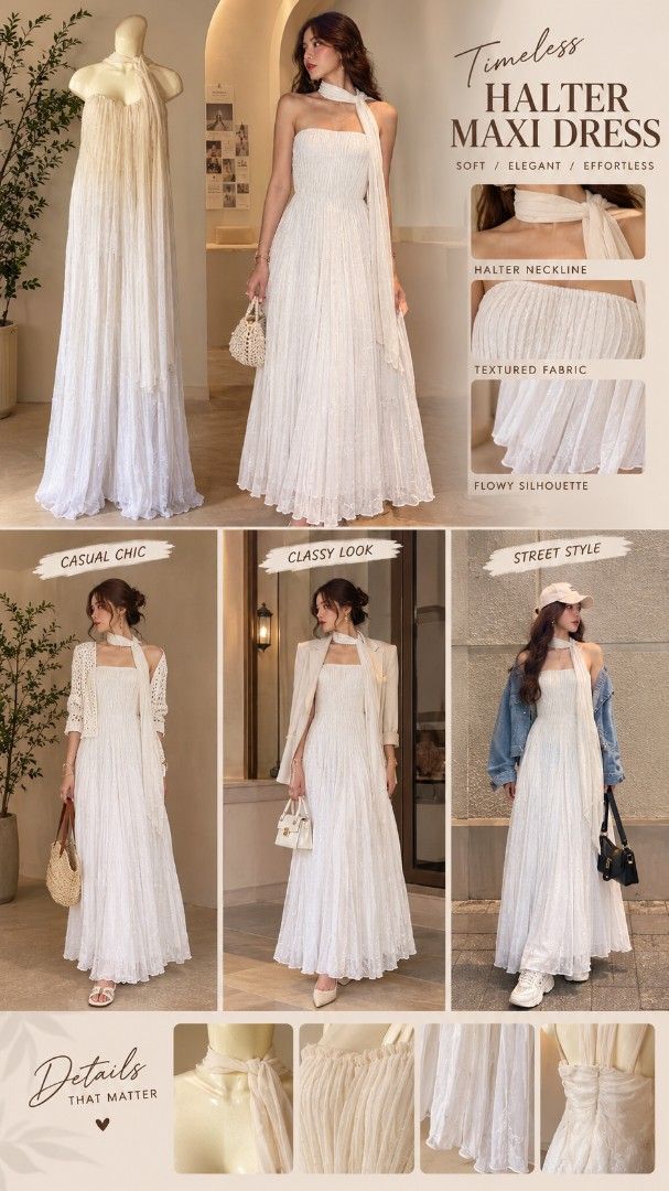 Timeless Halter Maxi Dress (Category: Dresses) located in Loay. Submitted by dresscode.shop (Listing ID 1470393135, Image 2). Description: - Color: White - Style: Halter neckline with a chic tied scarf detail - Fit: Fitted sleeveless bodice with a flowy maxi silhouette - Fabric: Textured material that moves beautifully when walking - Versatility: Easy to style up with heels or keep casual with sneakers - Condition: Brand new / Excellent (ready to