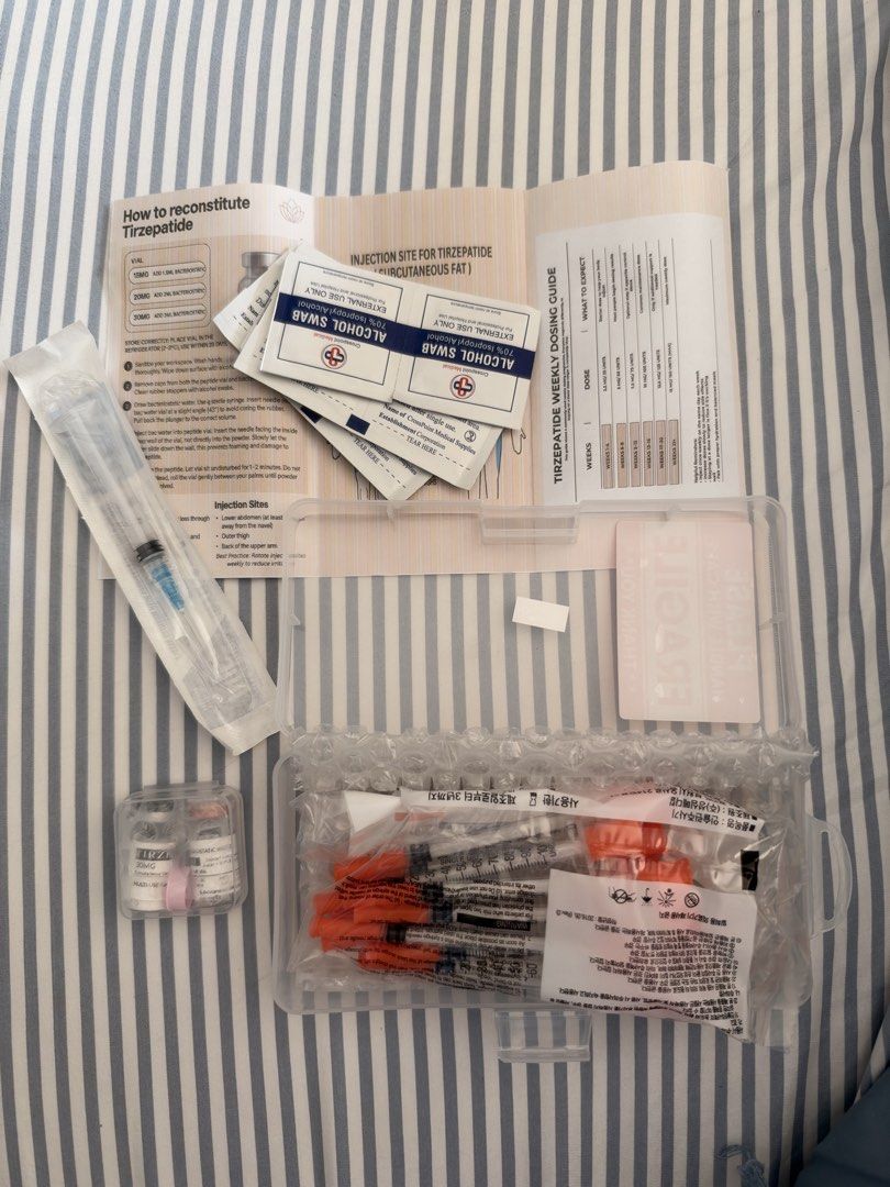 Tirzepatide 30mg Kit (Compounded) (Category: Medical Supplies & Tools) located in Makati City. Submitted by rmgcloset (Listing ID 1470556416, Image 1). Description: Comes with a kit Alcohol swab Syringe Insulin syringes 30mg tirzepatide (mounjaro compounded) Bacteriostatic water.