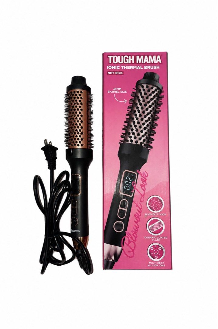 Tough Mama Ionic Thermal Brush (Category: Hair) located in Manila. Submitted by itslala_ (Listing ID 1470481987, Image 1). Description: •Brand/Model: Tough Mama NHT-B103 Ionic Thermal Brush. •Barrel Size: 38mm. •Features: Digital display, temperature control buttons, and ceramic-coated plate. •Heat Settings: Up to 200. •Inclusions: Complete with original pink box packaging and power cord. •Condition: Well-maintained and ready to use. No issues no