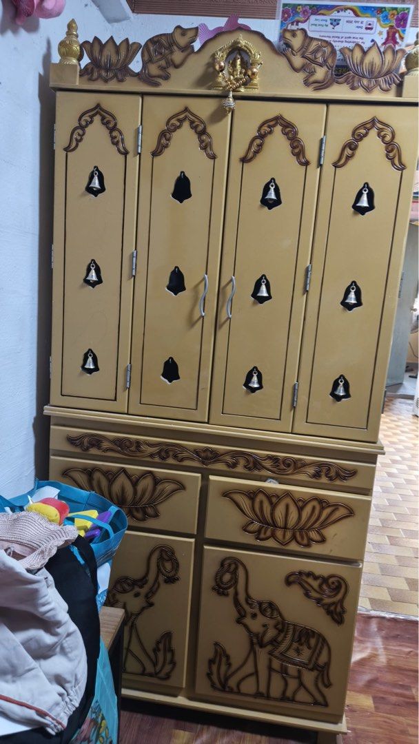 Traditional Wooden Pooja Mandir Cabinet with Storage and Elephant ...