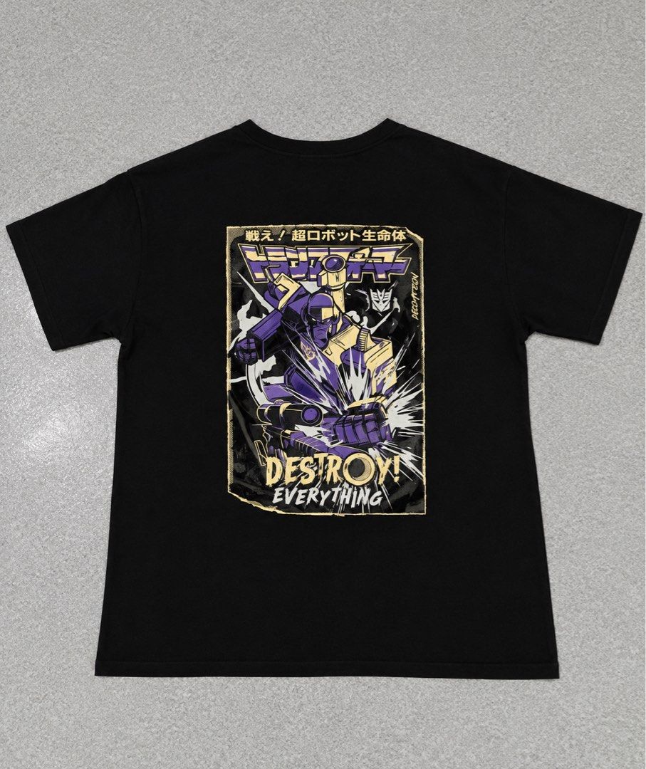 Transformers Megatron Graphic T-shirt Black (Category: Tshirts & Polo Shirts ) located in Manila. Submitted by fcaleb022713960 (Listing ID 1470228358, Image 2). Description: - Color: Black - Design: Small Decepticon logo on chest, large Megatron graphic with Japanese text and "Destroy Everything" lettering on the back - W 20 -L 25 - shipping fee to be shouldered by buyer.
