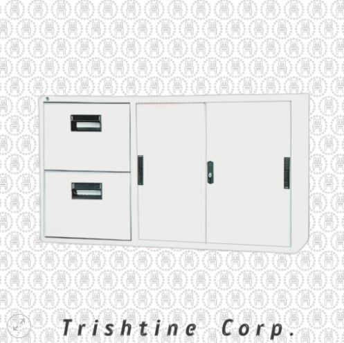 TSCAB-024 | Low Height Storage Cabinet (Category: Office Furniture & Fixtures) located in Caloocan City. Submitted by jim.trishtineofficefurnitures (Listing ID 1470430209, Image 1). Description: - Brand/Model: Trishtine Corp Office Storage Cabinet - Finish: Clean white metal, heavy-duty construction - Right Side: 2 smooth sliding doors - Left Side: 2 secure locking drawers - Ideal for: Professional workplace setups, document filing, and office or