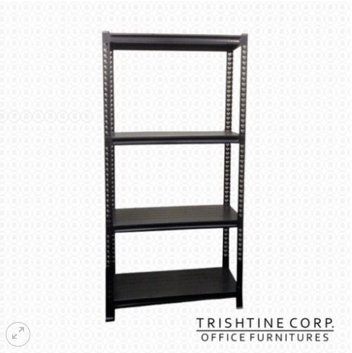 TSR-019 | 4 Layer Steel Rack (Category: Shelves, Cabinets & Racks) located in Caloocan City. Submitted by jim.trishtineofficefurnitures (Listing ID 1470404493, Image 1). Description: - Brand/Maker: Trishine Corp - Type: 4-tier heavy-duty metal shelving unit - Design: Sturdy slotted angle posts with solid shelves and boltless style - Finish: Matte black - Condition: Clean, zero rust, zero dents - Ideal Use: Organizing office supplies, garage tools