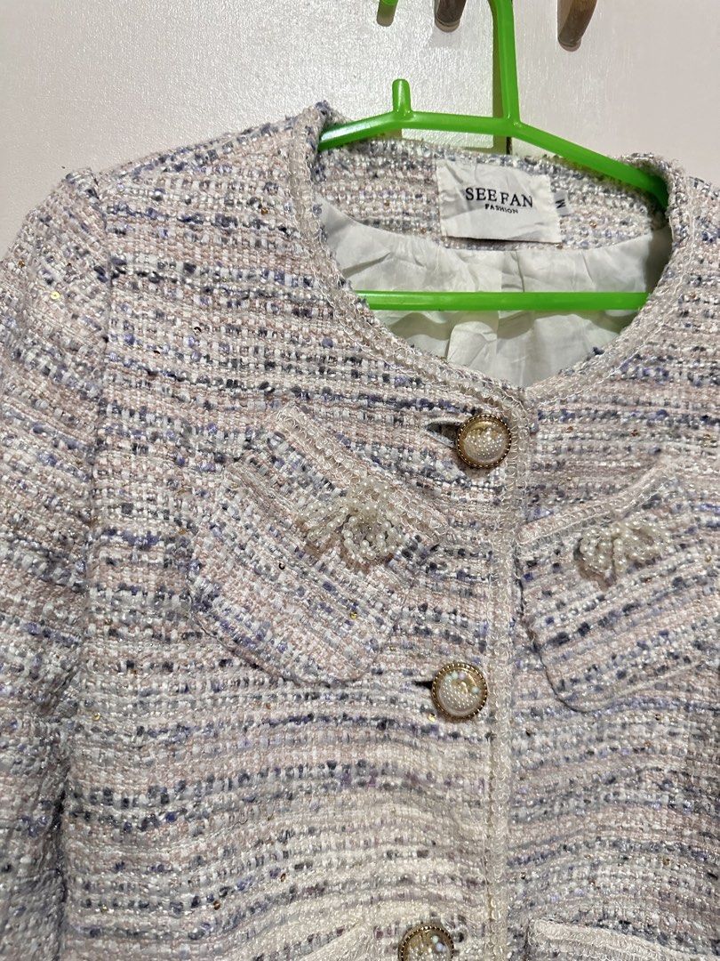 Tweed blazers (Category: Coats, Jackets and Outerwear) located in Tandag. Submitted by kawaiispreloved (Listing ID 1470391668, Image 2). Description: Ganda pang office, light weight. Pwede pang dailg coat. 1. 36 bust, 18.5 length 2. 36-38 bust, small to semi large, 22in length 3. 36-38 bust, small to semi large, 23in length.