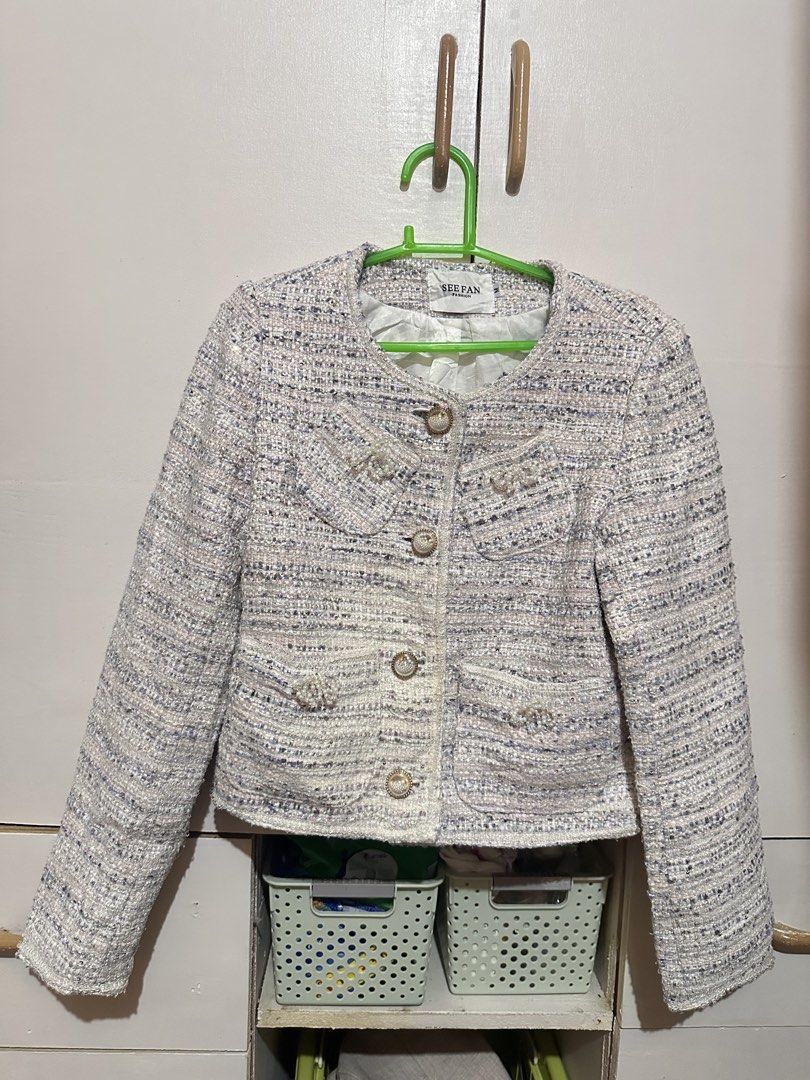 Tweed blazers (Category: Coats, Jackets and Outerwear) located in Tandag. Submitted by kawaiispreloved (Listing ID 1470391668, Image 1). Description: Ganda pang office, light weight. Pwede pang dailg coat. 1. 36 bust, 18.5 length 2. 36-38 bust, small to semi large, 22in length 3. 36-38 bust, small to semi large, 23in length.
