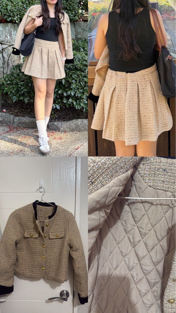 Winter Tweed Coords (Category: Coats, Jackets and Outerwear) located in Manila. Submitted by ceejay.14 (Listing ID 1470446671, Image 1). Description: Coords: Tweed jacket and pleated skirt Design details: Gold buttons, non-functioning front pockets, and black velvet trim on the collar and cuffs - Quilted inner lining perf for winter - Worn once - Bought from Tiktok Live - Pinaresize ko yung skirt to fit upto 27-28in waist. Garterized na rin sya. 