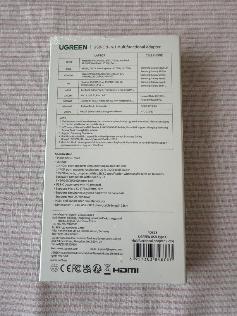 UGREEN USB-C 9-in-1 Multifunctional Adapter Gray (Category: Cables & Adaptors) located in Baybay. Submitted by penloreto (Listing ID 1470363672, Image 2). Description: Brand new & Unopened UGREEN 9-in-1 USB-C Hub (Gray) - Ports included: 4K HDMI, VGA, 3x USB 3.0, and Gigabit Ethernet - Power delivery: USB-C port with fast PD charging protocol - Storage: Built-in SD and TF card slots - Wide compatibility: Supports Mac OS, Windows, Apple, Dell, Len