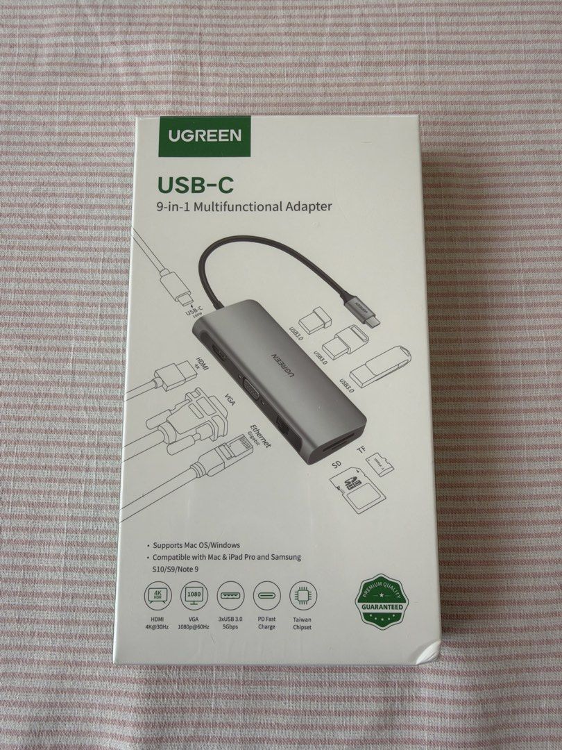UGREEN USB-C 9-in-1 Multifunctional Adapter Gray (Category: Cables & Adaptors) located in Baybay. Submitted by penloreto (Listing ID 1470363672, Image 1). Description: Brand new & Unopened UGREEN 9-in-1 USB-C Hub (Gray) - Ports included: 4K HDMI, VGA, 3x USB 3.0, and Gigabit Ethernet - Power delivery: USB-C port with fast PD charging protocol - Storage: Built-in SD and TF card slots - Wide compatibility: Supports Mac OS, Windows, Apple, Dell, Len