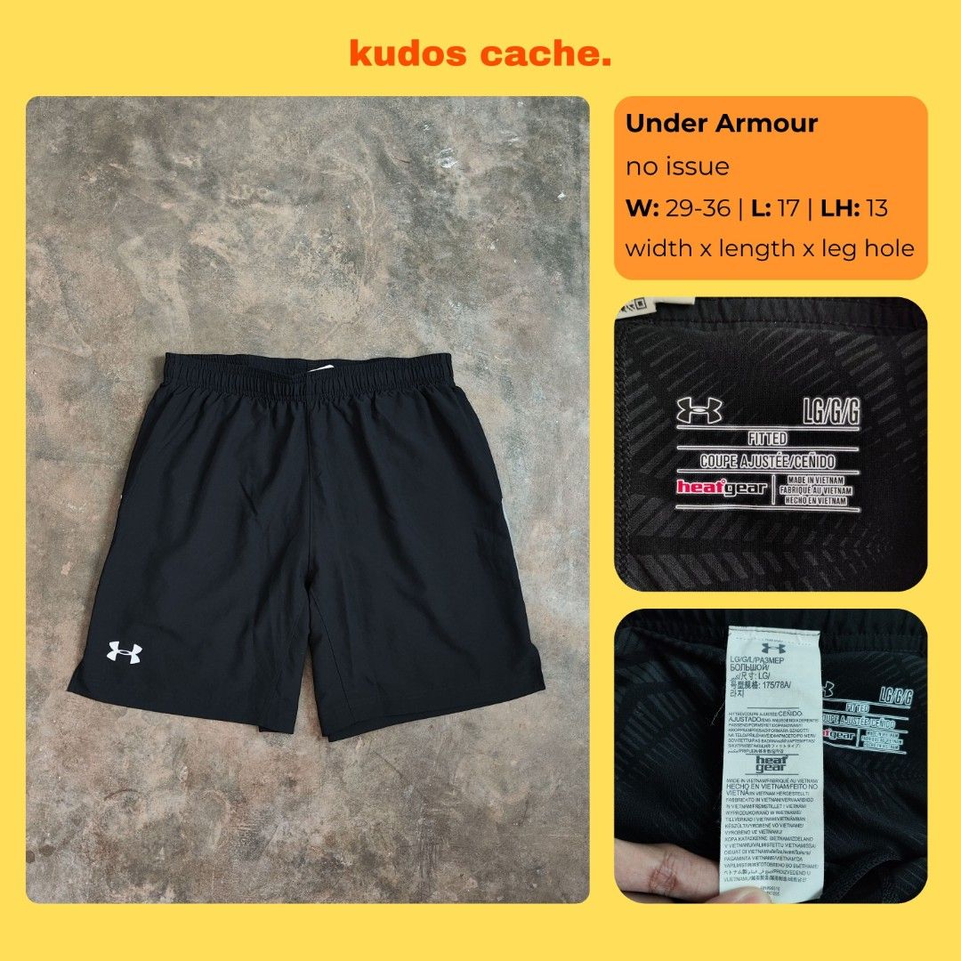 Under Armour HeatGear Athletic Shorts (Category: Shorts) located in Rosales. Submitted by kudoscache (Listing ID 1470515595, Image 1). Description: - Brand: Under Armour - Waist: 29-36 | Length: 17 - Color: Black - slightly nego payment: maribank / gotyme courier: J&T.