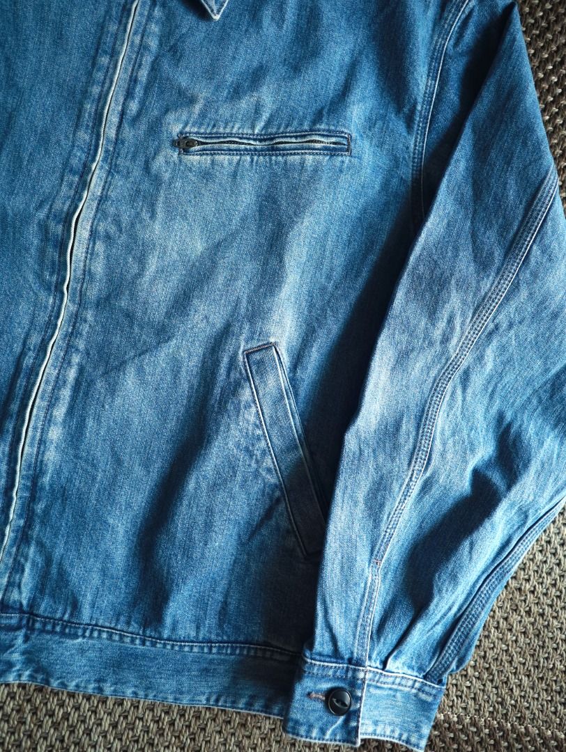 Uniqlo Denim Zip-Up Blouson Jacket (Category: Coats, Jackets and Outerwear) located in Pasig City. Submitted by mlclmchrs (Listing ID 1470441532, Image 3). Description: Sizing: XL on tag Width - 24 inches Length - 27 inches Sleeve length - 25 inches NO ISSUES (Brand New Condition).